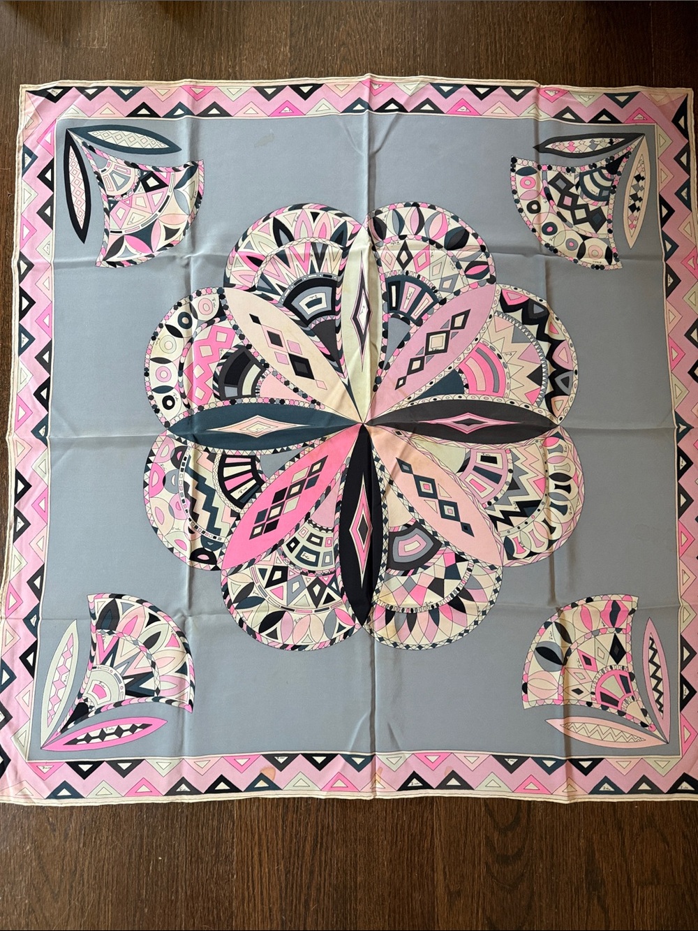 Vintage Emilio Pucci Pink, Gray and Black Geometric Floral Silk Scarf